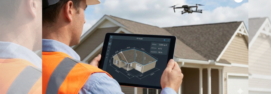 Contractor reviewing drone roof measurements on a tablet in front of a house.