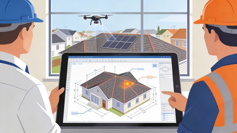 Architect and roofing contractor reviewing a digital aerial roof measurement report with 3D roof model and drone imagery on a tablet