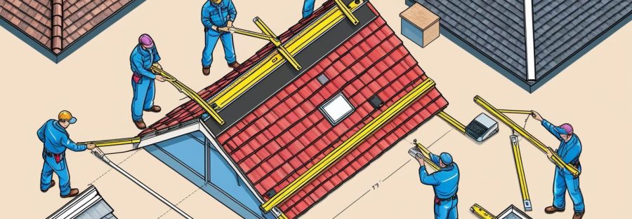 A group of workers collaborating on a rooftop, focused on their tasks and using safety equipment