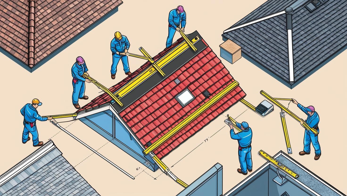 A group of workers collaborating on a rooftop, focused on their tasks and using safety equipment