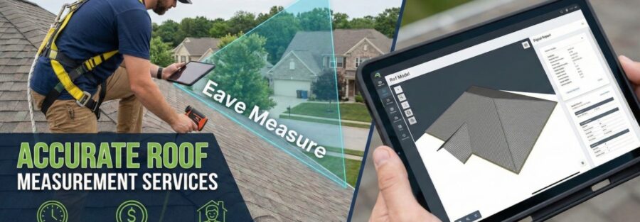 A man with a tablet shows "Accurate Roof Measurement Services," emphasizing time and cost savings for roofing projects