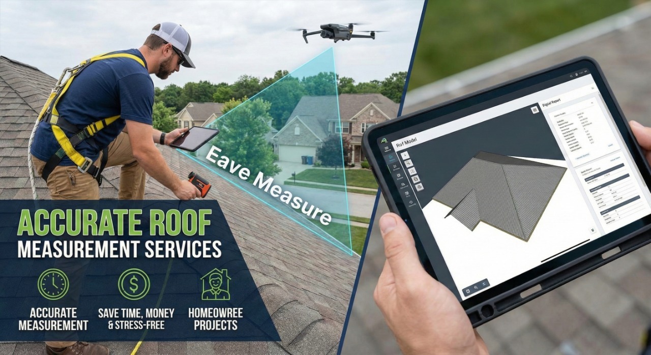 A man with a tablet shows "Accurate Roof Measurement Services," emphasizing time and cost savings for roofing projects