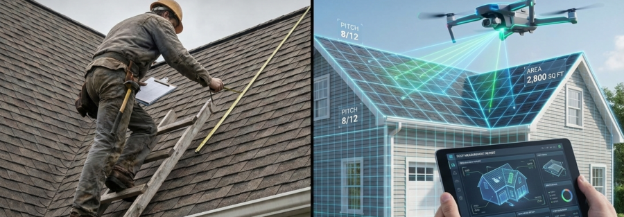 Comparison of manual roof measurement versus drone roof measurement using aerial technology and digital roof reports.