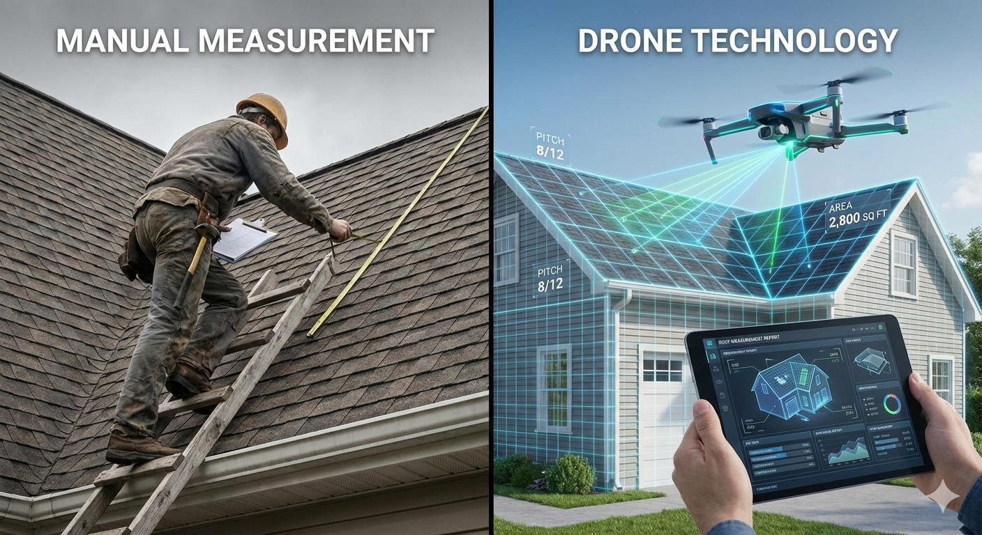 Comparison of manual roof measurement versus drone roof measurement using aerial technology and digital roof reports.